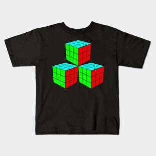 Three Rubik Cubes in a Triangle - Green, Light Blue and Red Kids T-Shirt